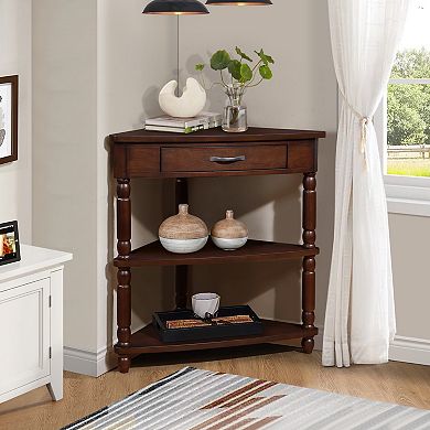 33.8" Wood Corner Cabinet Side Table with 3 Tier Solid Wood Legs