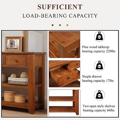 48" Solid Pine Wood Top Console Table Cabinet with 3 Storage Drawers and 2 Shelves