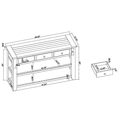 48" Solid Pine Wood Top Console Table Cabinet with 3 Storage Drawers and 2 Shelves