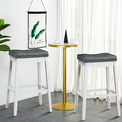 Gymax Set of 2 Nailhead Saddle Bar Stools Pub Chairs with Rubber Wood Legs