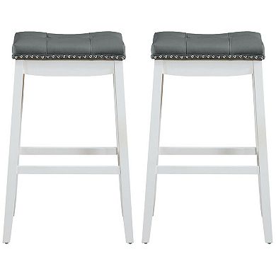 Gymax Set of 2 Nailhead Saddle Bar Stools Pub Chairs with Rubber Wood Legs