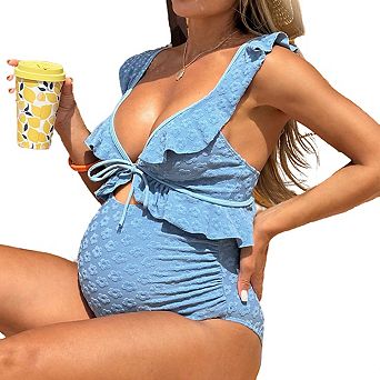 Maternity 1 pc Swimsuit Deep V Neck Ruffled Straps Textured Designed Bikini