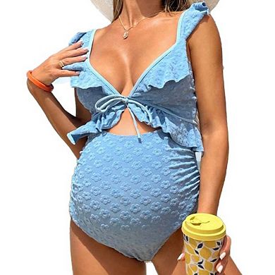 Maternity 1 Piece Swimsuit Deep V Neck Ruffled Straps Textured Designed Bikini