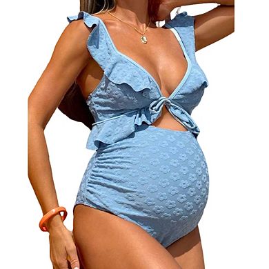 Maternity 1 Piece Swimsuit Deep V Neck Ruffled Straps Textured Designed Bikini