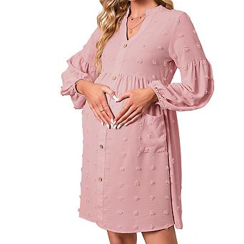 Women's Maternity Mini Dress V Neck Long Puff Sleeves Textured Pattern Button Baby Shower Dress