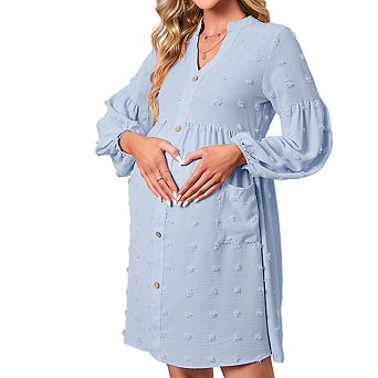 Women's Maternity Mini Dress V Neck Long Puff Sleeves Textured Pattern Button Baby Shower Dress