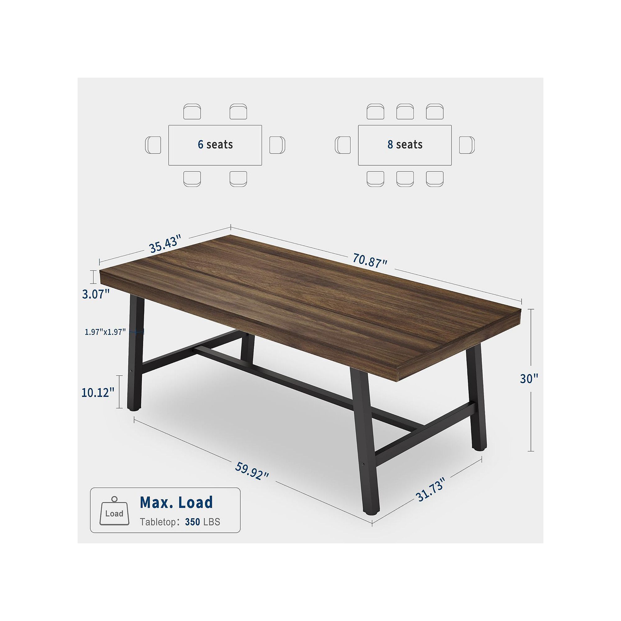 Dining table dimensions for 6–10 people, 71-inch rectangular top
