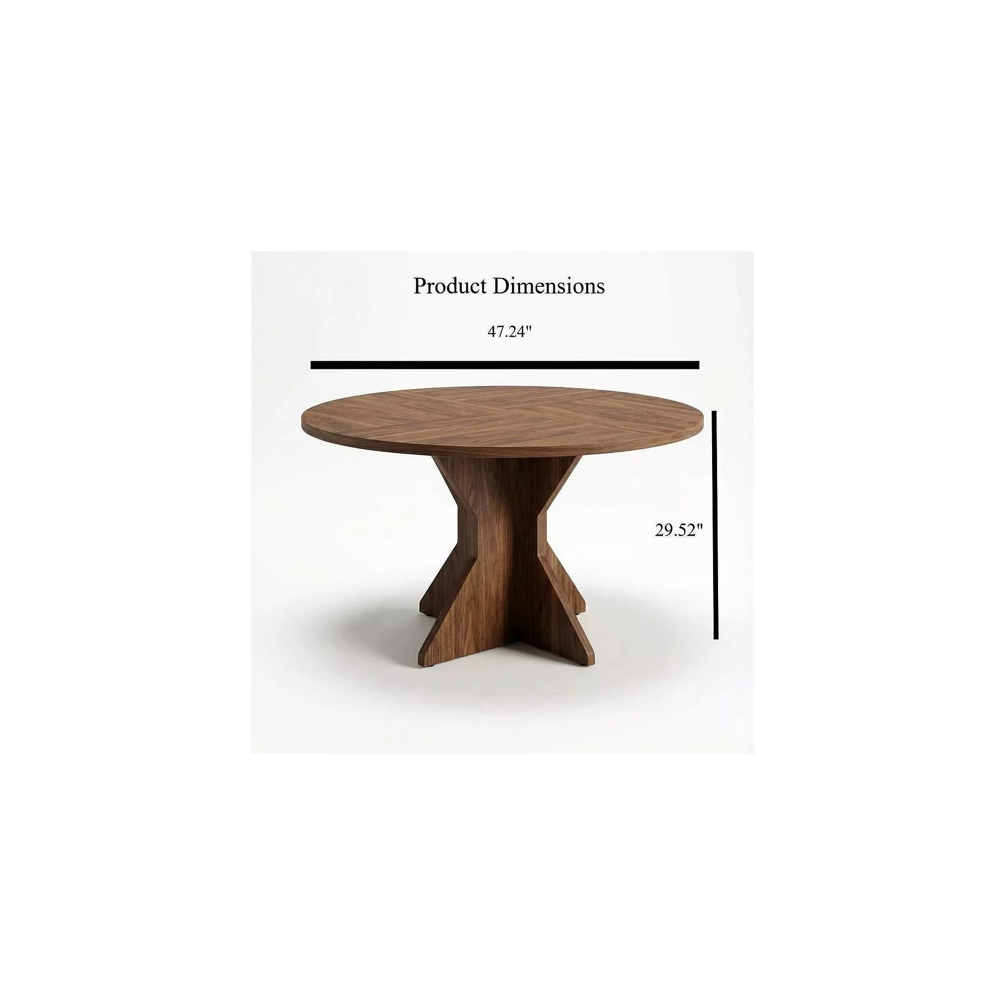 Product dimensions for round dining table with K-shaped wood base