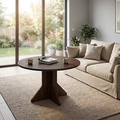 Round Dining Table with K-Shaped Solid Wood Base for Kitchen and Dining Room