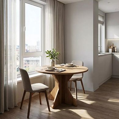 Round Dining Table with K-Shaped Solid Wood Base for Kitchen and Dining Room