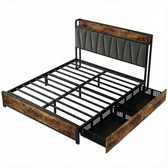 Upholstered Bed Frame with 4 Storage Drawers Charging Stastion