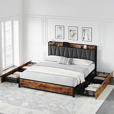 Upholstered Bed Frame with 4 Storage Drawers Charging Stastion