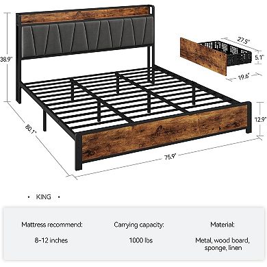 Upholstered Bed Frame with 4 Storage Drawers Charging Stastion