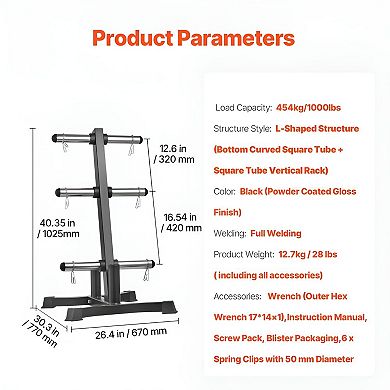 Heavy-Duty Weight Plate Rack for Barbells and Kettlebells, 1000 lb Capacity - Black