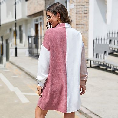 Women Color Block Button Down Long Sleeve Shirt Dress