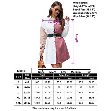 Women Color Block Button Down Long Sleeve Shirt Dress