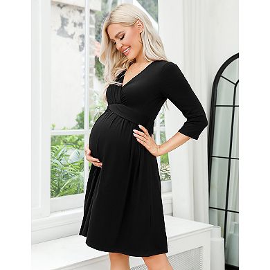 Women Maternity 3/4 Sleeve V Neck Wrap Dress