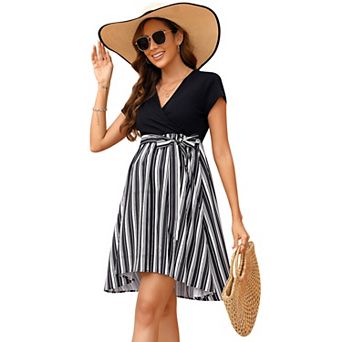 Women Maternity V Neck Tie Waist Color Block Dress