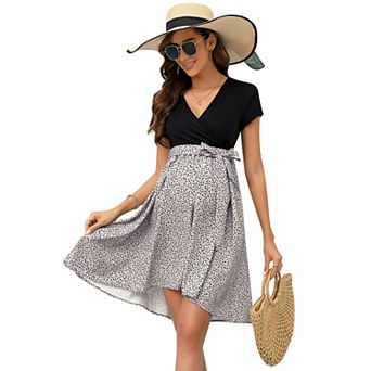 Women Maternity V Neck Tie Waist Color Block Dress