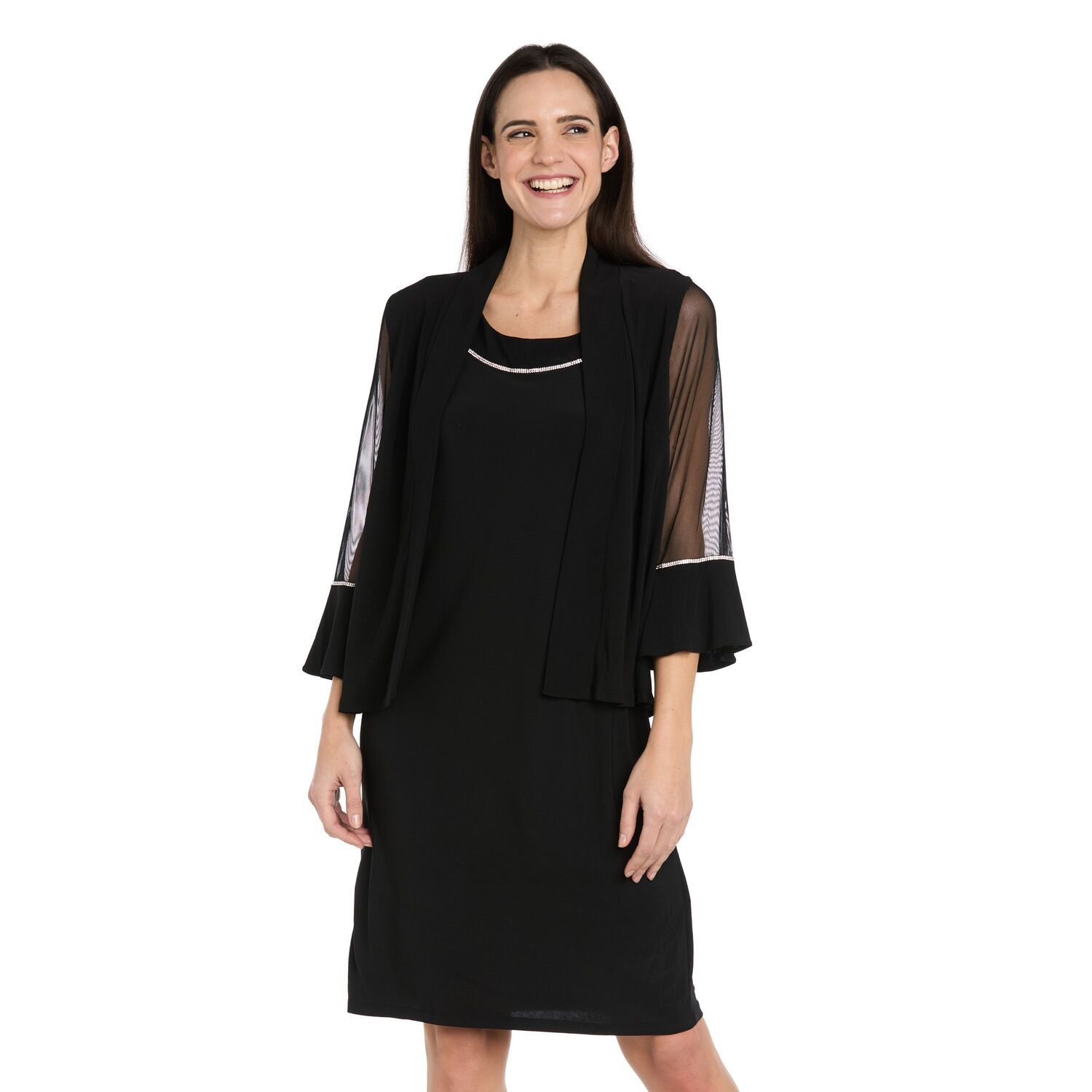 Женские платья R&M Richards 2 pc Rhinestone Trim Sheath Dress & Mesh Jacket Set, цвет: Чёрный — фото 1