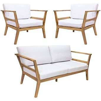 Sunnydaze Bodie Acacia Wood 3 pc Patio Conversation Set - Natural/Bone