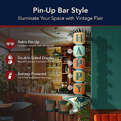 American Art Décor Retro Pin-Up Double-Sided Happy Hour LED Metal Wall Décor