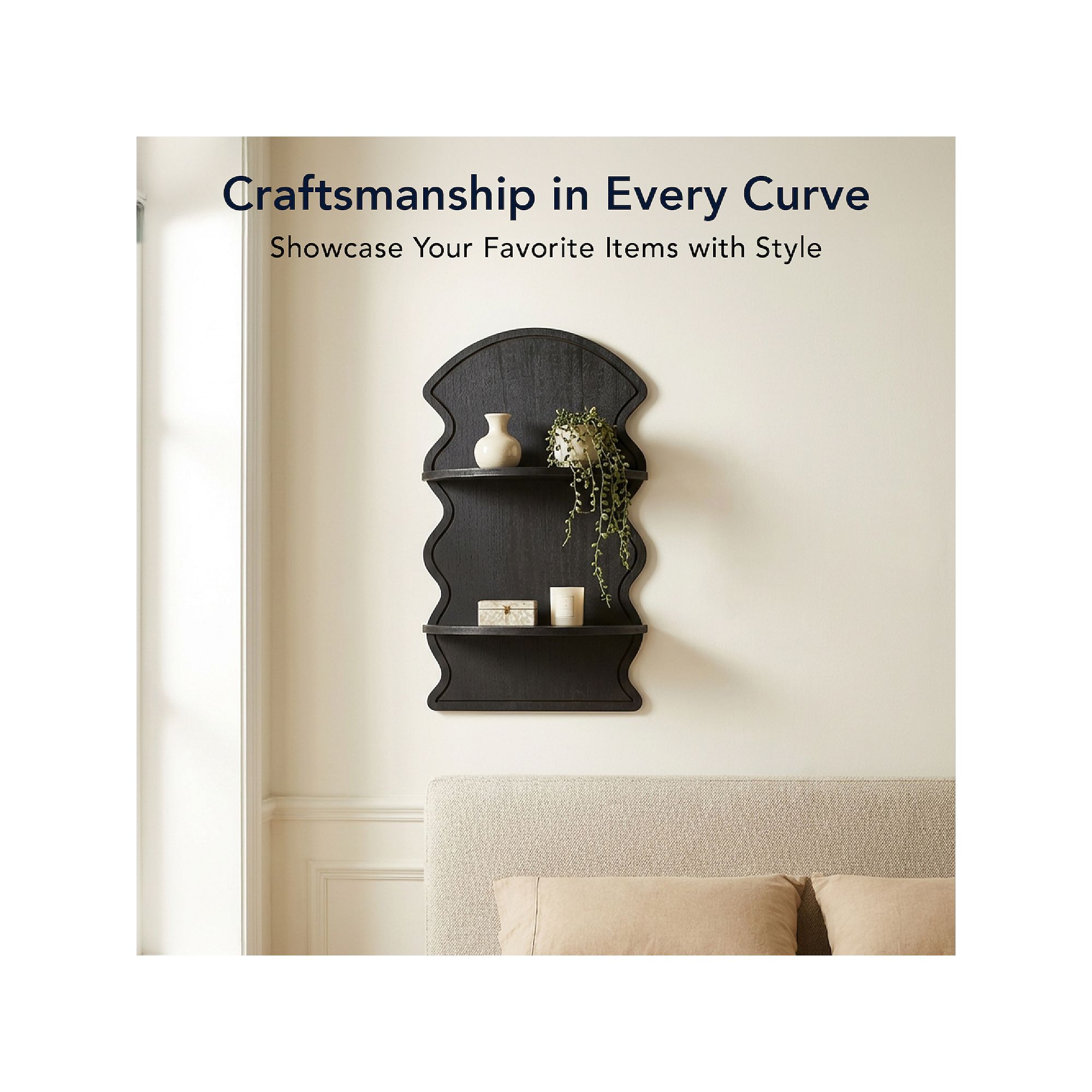 Black wavy arched two-tier floating wall shelf displaying decor