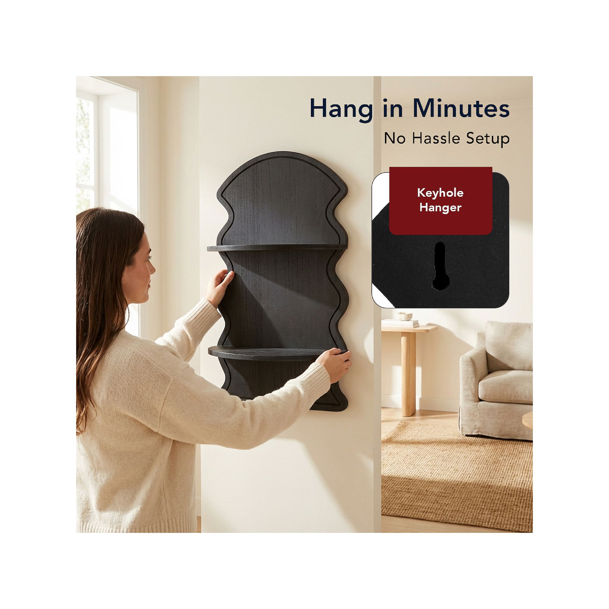 Black wavy arched two-tier floating shelf being mounted with keyhole hanger