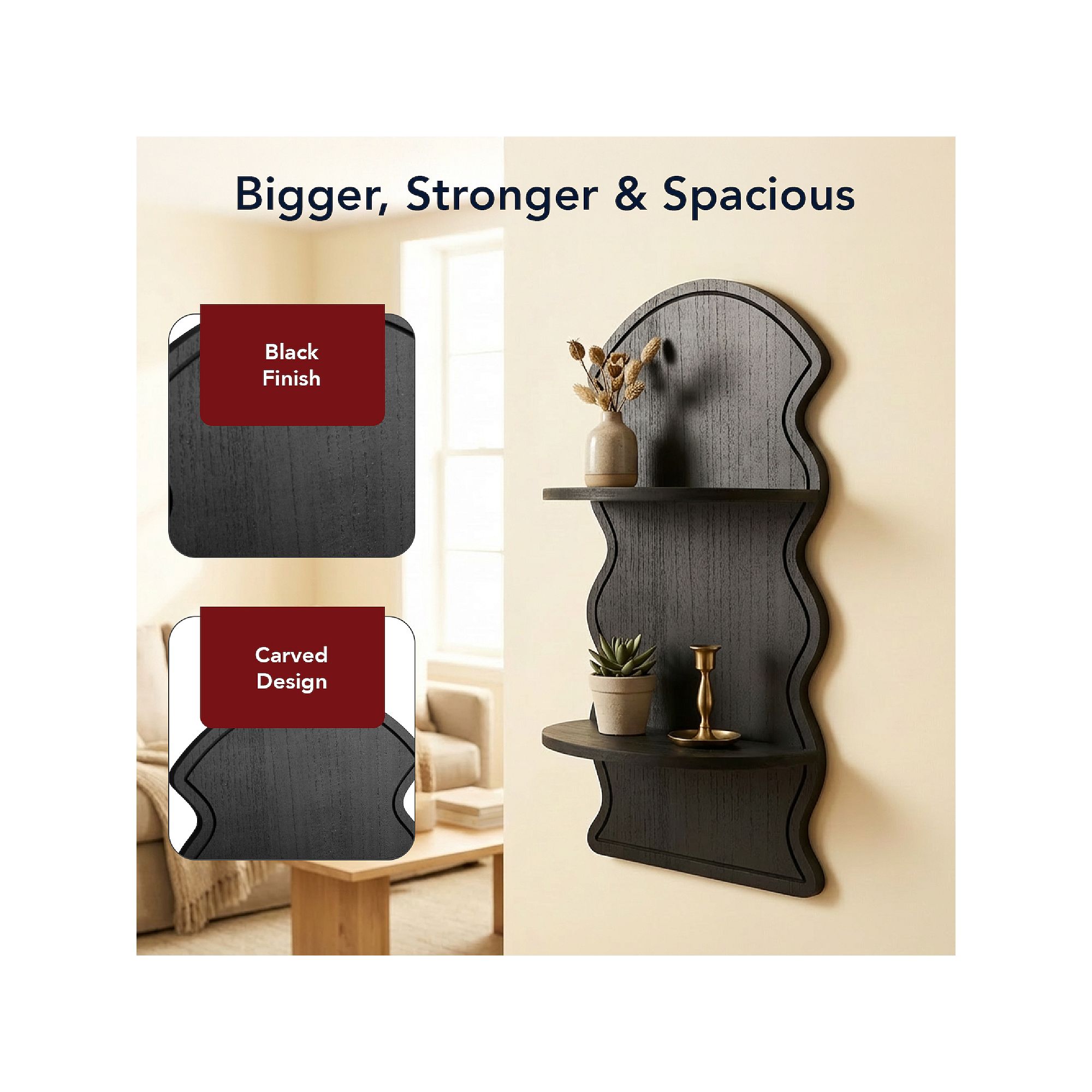 Black wavy arched two-tier floating shelf with carved design
