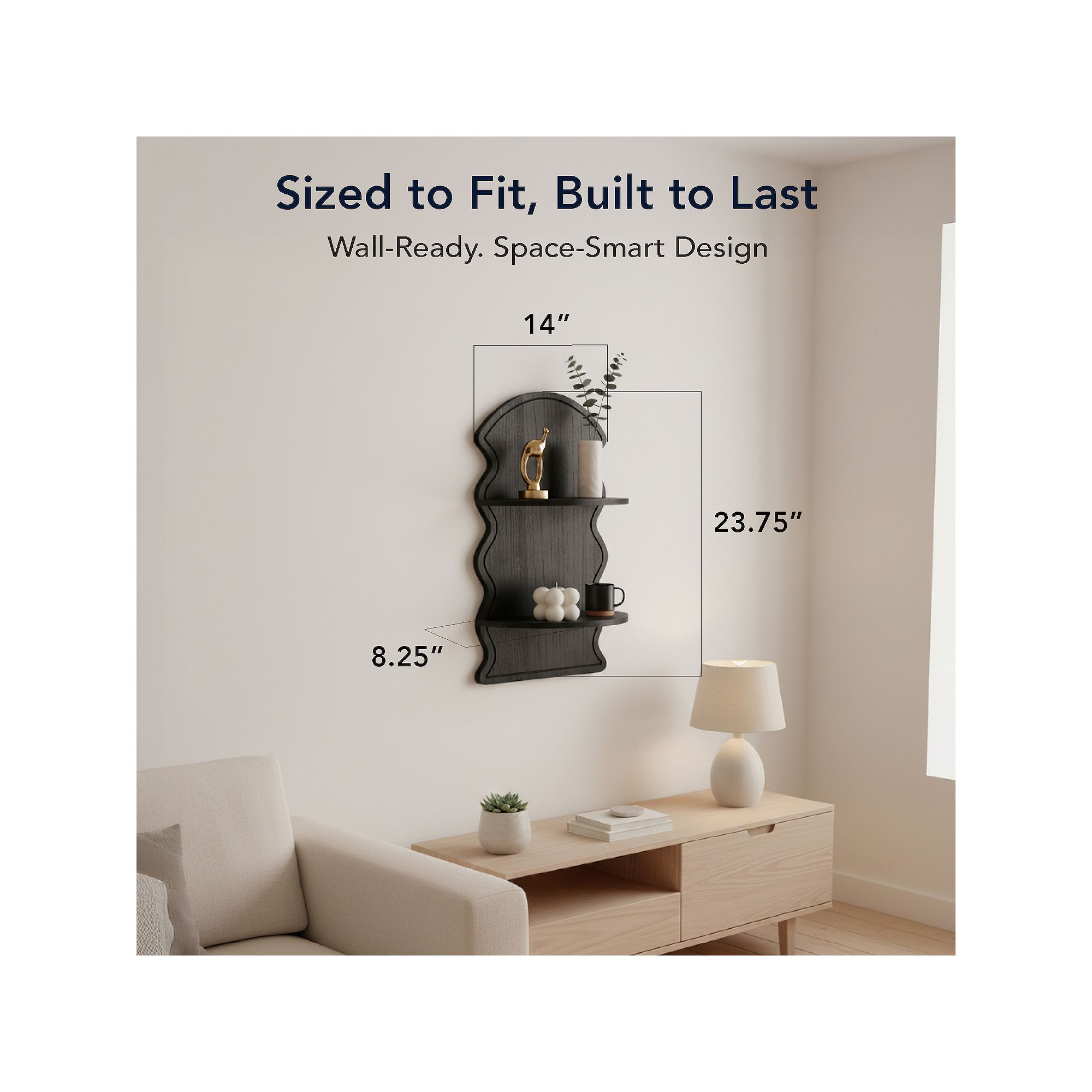 Black wavy arched two-tier floating shelf dimensions diagram