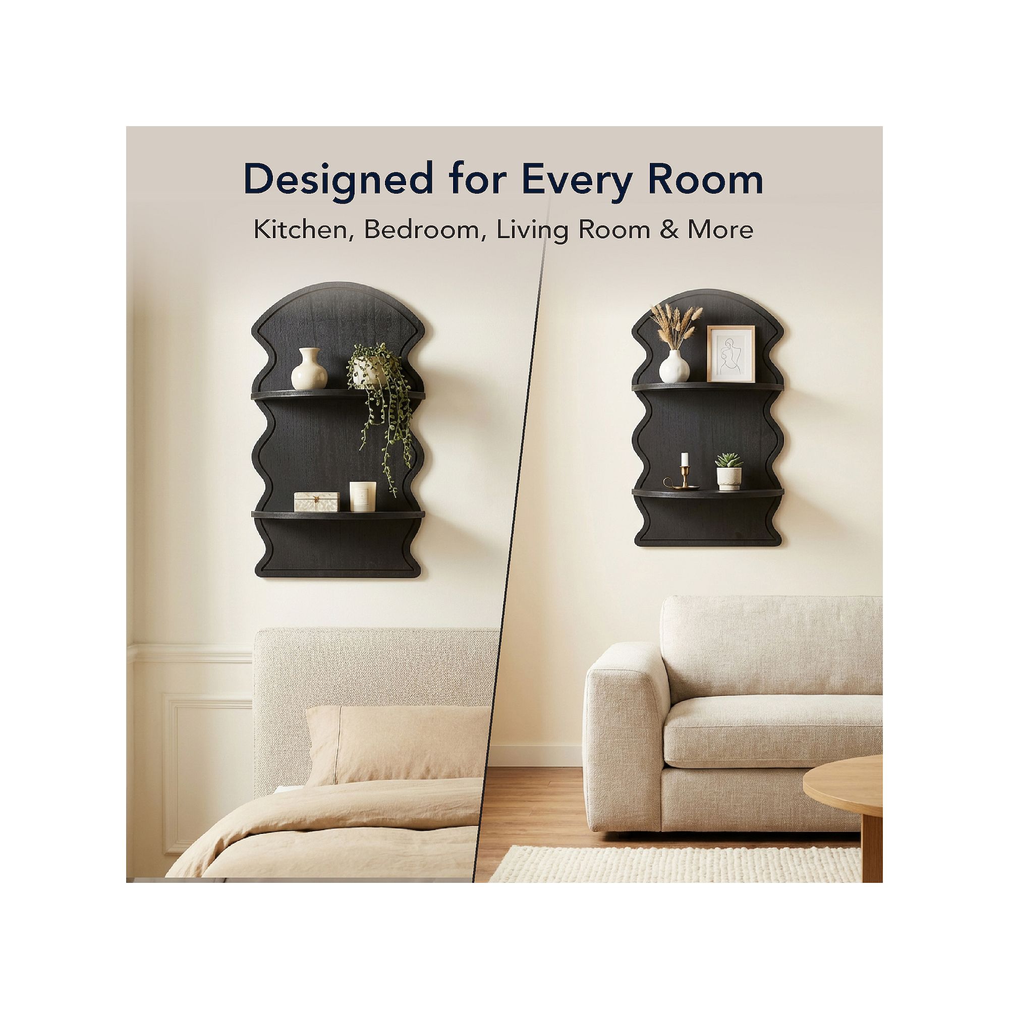 Black wavy arched two-tier floating shelf shown in different room styles