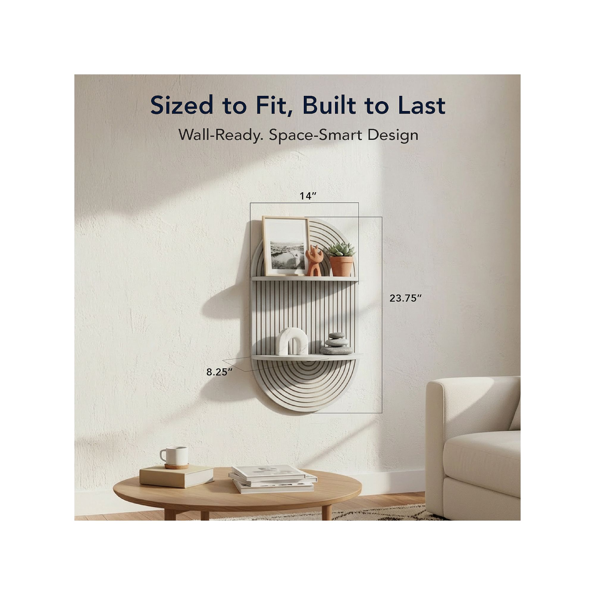 Arched 2-tier floating shelf with measurements shown on the wall.