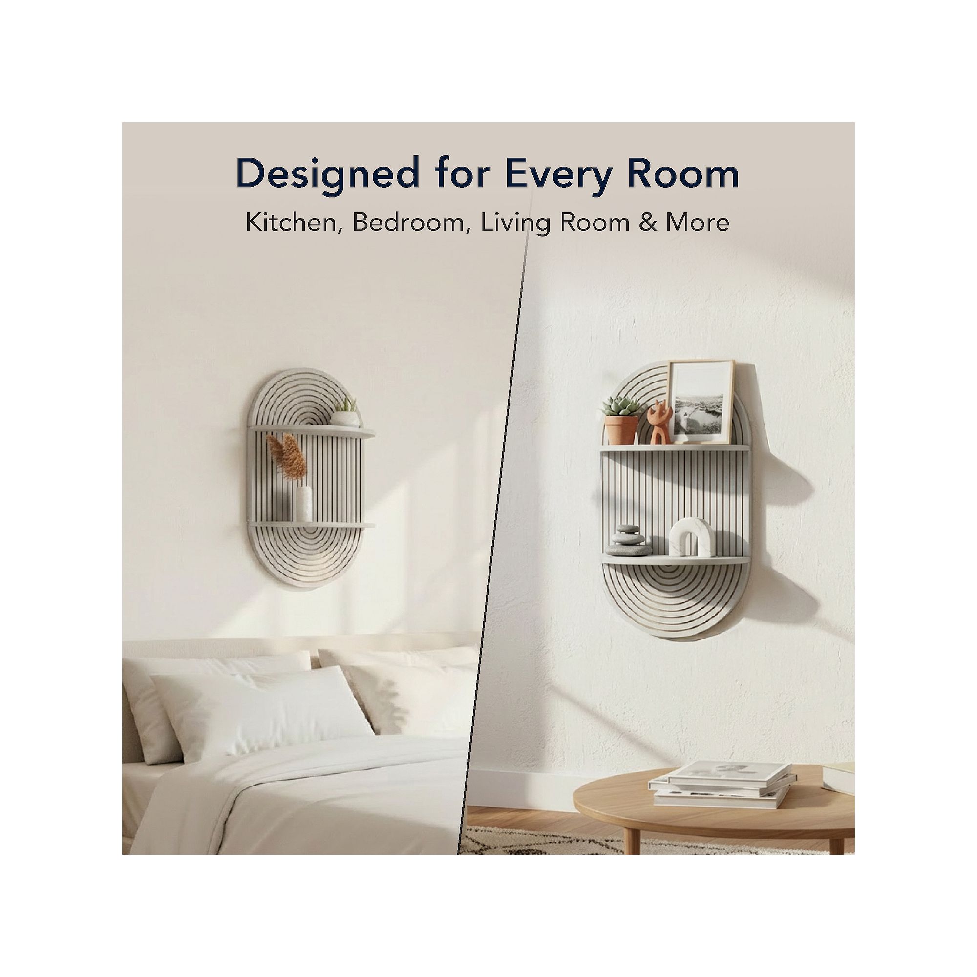 Matte grey arched floating shelf for bedroom and living room decor display.