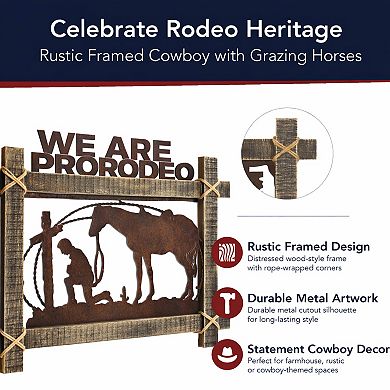 American Art Décor Rustic Framed Cowboy & Horse Metal Wall Art