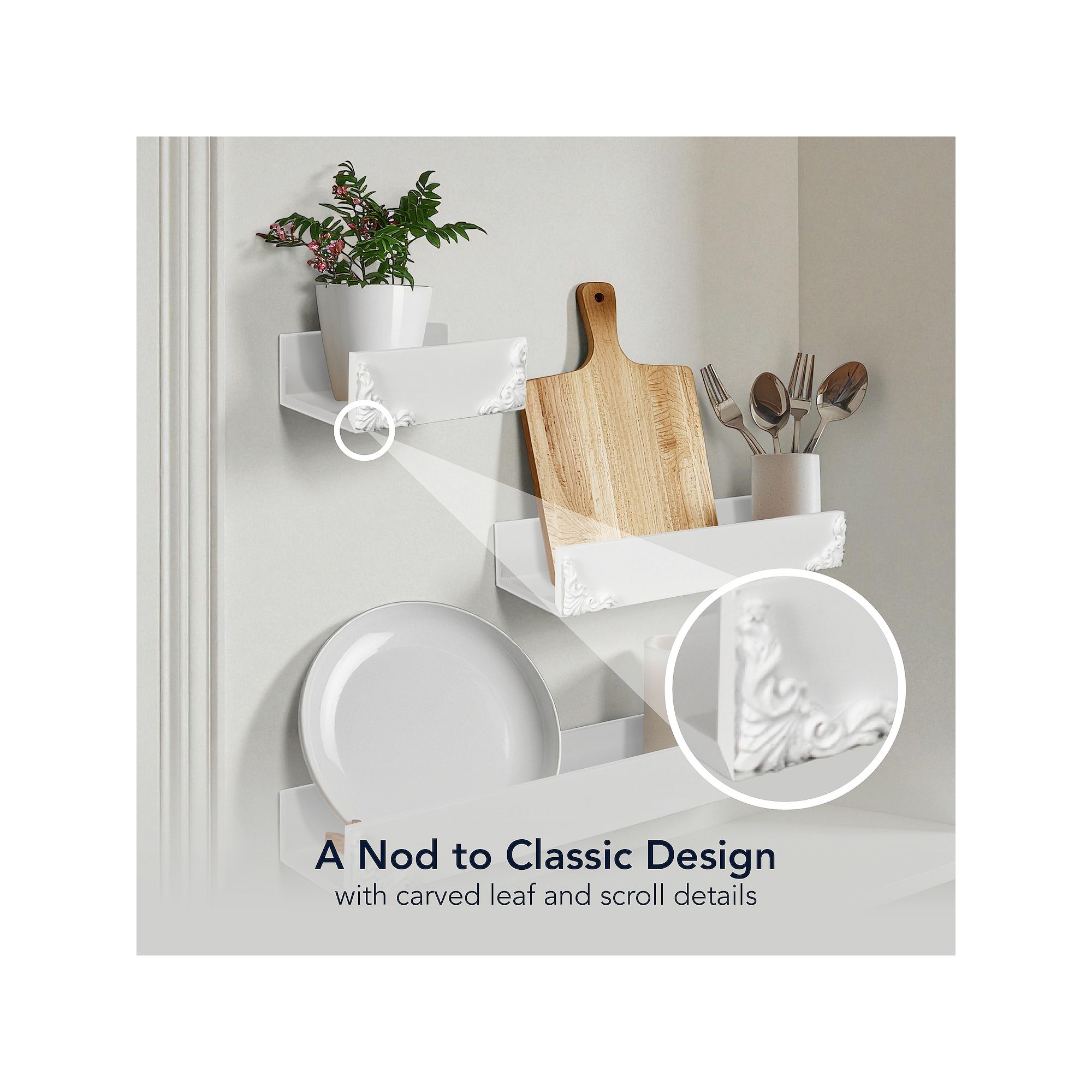 Close view of white ornate French trim floating wall shelf set.