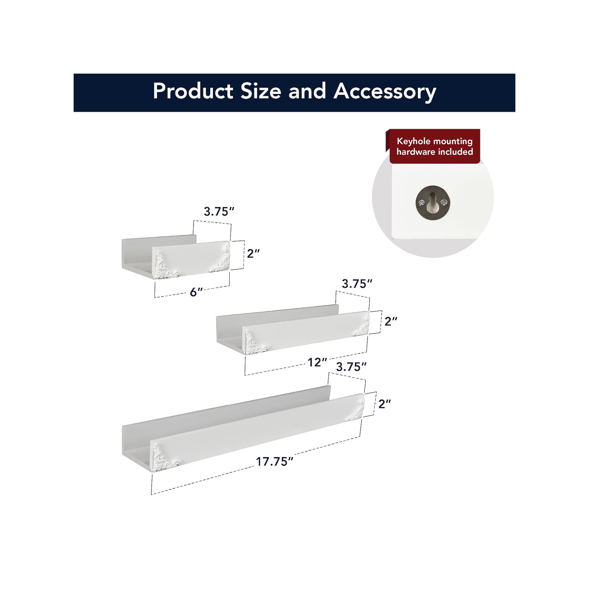 Wall shelf set dimensions and included keyhole mounting hardware.
