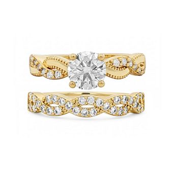 PRIMROSE 14k Gold Flash Plated Lab-Created Moissanite Scalloped Double Band Ring Set