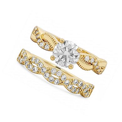 PRIMROSE 14k Gold Flash Plated Lab-Created Moissanite Scalloped Double Band Ring Set
