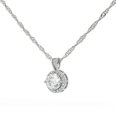PRIMROSE Fine Silver-Plated Lab-Created Moissanite Box Chain Halo Pendant Necklace