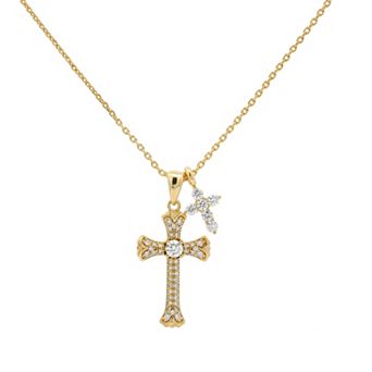 PRIMROSE 14k Gold Flash Plated Lab-Created Moissanite Double Cross Cable Chain Pendant Necklace