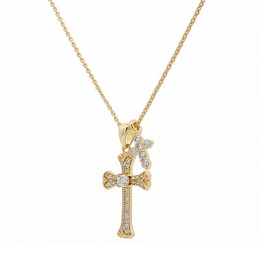 PRIMROSE 14k Gold Flash Plated Lab-Created Moissanite Double Cross Cable Chain Pendant Necklace