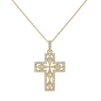 PRIMROSE 14k Gold Flash Plated Lab-Created Moissanite Cross Pendant Necklace