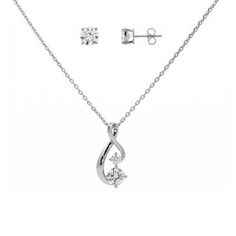 PRIMROSE Fine Silver-Plated Lab-Created Moissanite Cable Chain Pendant Necklace & Stud Earrings Set