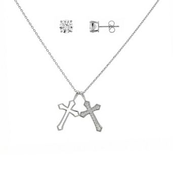 PRIMROSE Silver-Plated Lab-Created Moissanite Double Cross Pendant Necklace & Stud Earrings Set