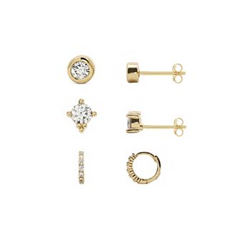 PRIMROSE 14k Gold Flash Plated Lab-Created Moissanite Stud & Hoop Earrings Trio Set