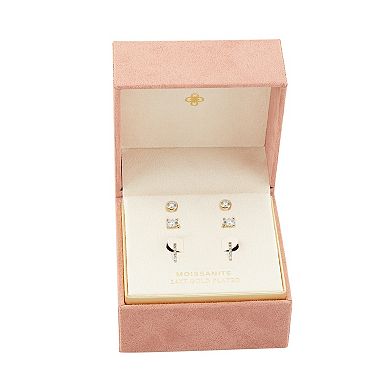 PRIMROSE 14k Gold Flash Plated Lab-Created Moissanite Stud & Hoop Earrings Trio Set
