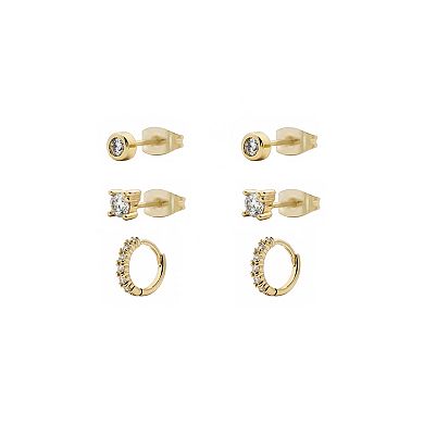 PRIMROSE 14k Gold Flash Plated Lab-Created Moissanite Stud & Hoop Earrings Trio Set