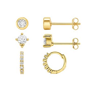 PRIMROSE 14k Gold Flash Plated Lab-Created Moissanite Stud & Hoop Earrings Trio Set