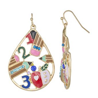 Gold Tone Back to School 123 Teardrop Earrings