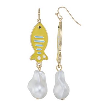 Gold Tone Hooked Fish Drop Earrings